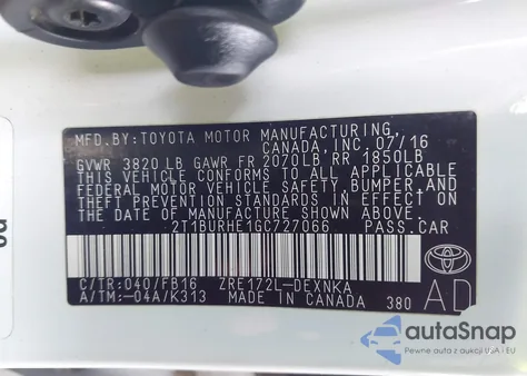 2016 Toyota Corolla Le from USA, damaged, VIN 2T1BURHE1GC727066